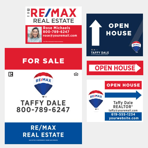 
    A set of four RE/MAX real estate signs: one featuring an agent's photo and contact info, an open house arrow sign, and two signs with agent names and details for sales and open houses, all in red, white, and blue.